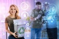 Smiling woman holding a rubbish bin and showing a recycling symbol Royalty Free Stock Photo