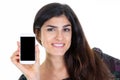 smiling woman holding smartphone black blank screen cell phone for advertising app mockup Royalty Free Stock Photo