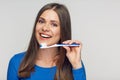Smiling woman holding toothy brush Royalty Free Stock Photo