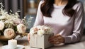 A smiling woman holds a bouquet, enjoying the beauty generated by AI Royalty Free Stock Photo