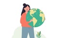 Smiling woman holds planet earth, showing care and love. Happy teacher with globe promotes nature conservation. Vector