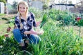 Smiling woman horticulturist holding harvest of green onion