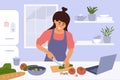 Smiling woman in kitchen watching culinary video blog and cooking healthy meals