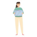 Smiling woman with laundry basket icon cartoon vector. Washing dirty clothes.