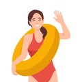 Smiling woman lifeguard in swimsuit posing with inflatable ring. Happy female guard in swimwear with lifebuoy