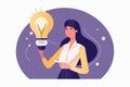 Smiling woman with lightbulb, happy businesswoman generating innovative business idea. Vector illustration