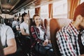 Smiling Woman Listening Music in Tourist Bus Royalty Free Stock Photo