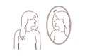 Smiling woman look in mirror see unhappy face