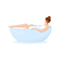 Smiling woman lying in bathtub full of soap foam. Happy female cartoon character taking bath and relaxing. Relaxation Royalty Free Stock Photo