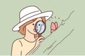 Smiling woman with magnifier look at butterfly