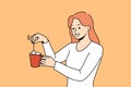 Smiling woman make tea in cup