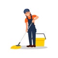 Smiling woman mopping floor. Young girl overall, cap and t-shirt. Flat vector element for advertising of cleaning Royalty Free Stock Photo