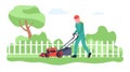 Smiling woman mowing grass with motor lawnmower in garden. Girl pushing lawn mower. Female worker trimming plants in