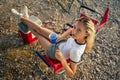 Smiling woman near car camper.Summer travel concept