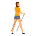 Smiling woman nordic walking icon, cartoon style