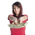 Smiling Woman Offering a Fan of 20 US Dollar Bills Royalty Free Stock Photo