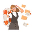 Smiling Woman in Office Clothes with Lifebuoy Looking for Someone Need Help Vector Illustration