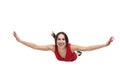 Smiling woman with outstretched hands floating in the air