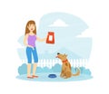 Smiling Woman Owner Feeding her Dog in Backyard Flat Vector Illustration