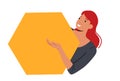 Smiling Woman Peeping From Behind Yellow Hexagon Shape. Stylish Positive Female Character Searching, Peeking or Seeking