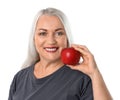 Smiling woman with perfect teeth and red apple Royalty Free Stock Photo