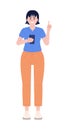 Smiling woman with phone raising finger up semi flat color vector character Royalty Free Stock Photo