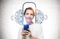 Smiling woman with phone and social media sketch Royalty Free Stock Photo