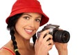 Smiling woman and photo camera Royalty Free Stock Photo