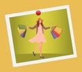 Woman on the photo standing with shopping bags and posing. Girl jumps and picks up packages