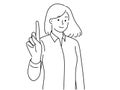 Smiling woman point finger up generate idea