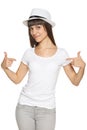 Smiling woman pointing at blank white t-shirt Royalty Free Stock Photo