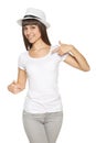Smiling woman pointing at blank white t-shirt