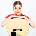 Smiling woman portrait with acoustic guitar . white background Royalty Free Stock Photo