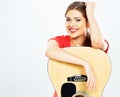 Smiling woman portrait with acoustic guitar . white background Royalty Free Stock Photo