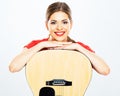 Smiling woman portrait with acoustic guitar . white background Royalty Free Stock Photo