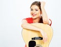 Smiling woman portrait with acoustic guitar . white background Royalty Free Stock Photo