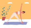 Smiling woman practicing body stretching at gym vector flat illustration. Female in sportswear doing yoga exercise on Royalty Free Stock Photo