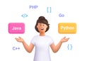 Smiling woman programmer or IT specialist choose programming language, scripts. Software development, programming and coding. 3d