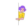 Smiling woman with purple hair peeking around corner, playful vector illustration. Cute character engagement, peekaboo