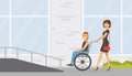 Smiling Woman Pushing Wheelchair with Disabled Man Up the Ramp Vector Illustration Royalty Free Stock Photo