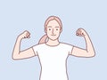 Smiling woman raising arm showing muscles stong pose simple korean style illustration