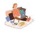 Smiling woman relaxing use laptop vector flat illustration. Happy female sitting at comfy pillows with junk food surfing