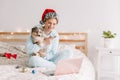 Smiling woman in Santa hat with cute puppy dog pet calling family friends on video call. Pet owner celebrating Christmas holiday Royalty Free Stock Photo