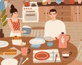 Smiling woman serving dining table vector flat illustration. Happy couple eating together at home kitchen. Cute family Royalty Free Stock Photo