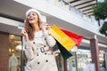Smiling woman with shopping bags and credit card Royalty Free Stock Photo