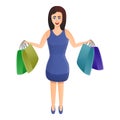 Smiling woman after shopping icon, cartoon style