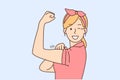 Smiling woman show muscles feeling powerful Royalty Free Stock Photo