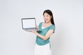 Smiling woman showing blank laptop computer screen isolated over white background Royalty Free Stock Photo