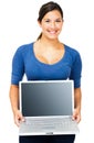 Smiling woman showing laptop Royalty Free Stock Photo