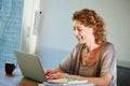 Smiling woman sitting at desk working on laptop Royalty Free Stock Photo